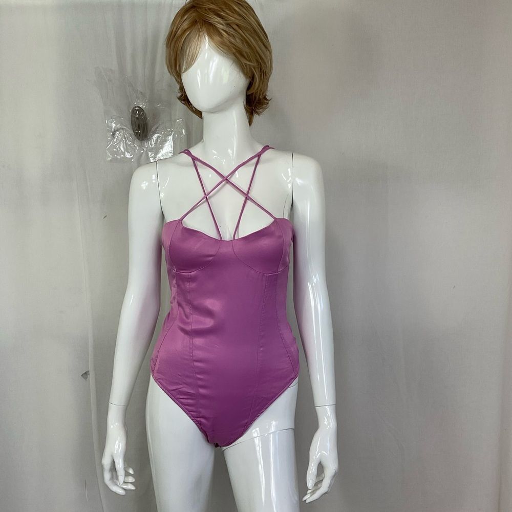 Zara Pink Satin Hidden Zip Snap Button Strappy Effect Bodysuit Medium - Picture 4 of 12